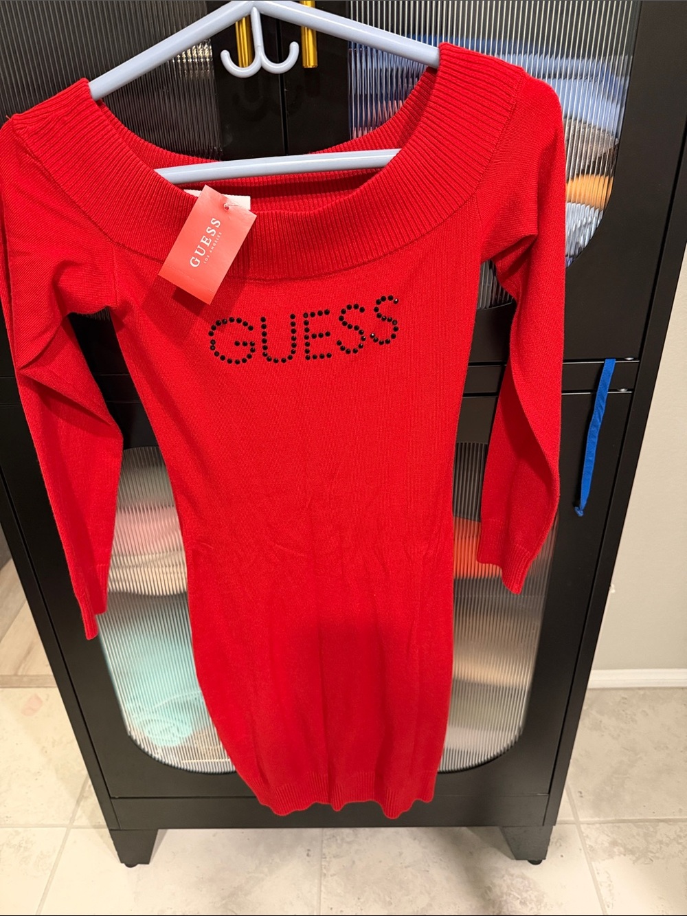 GUESS Red Off-Shoulder Logo Knit Dress for Girls